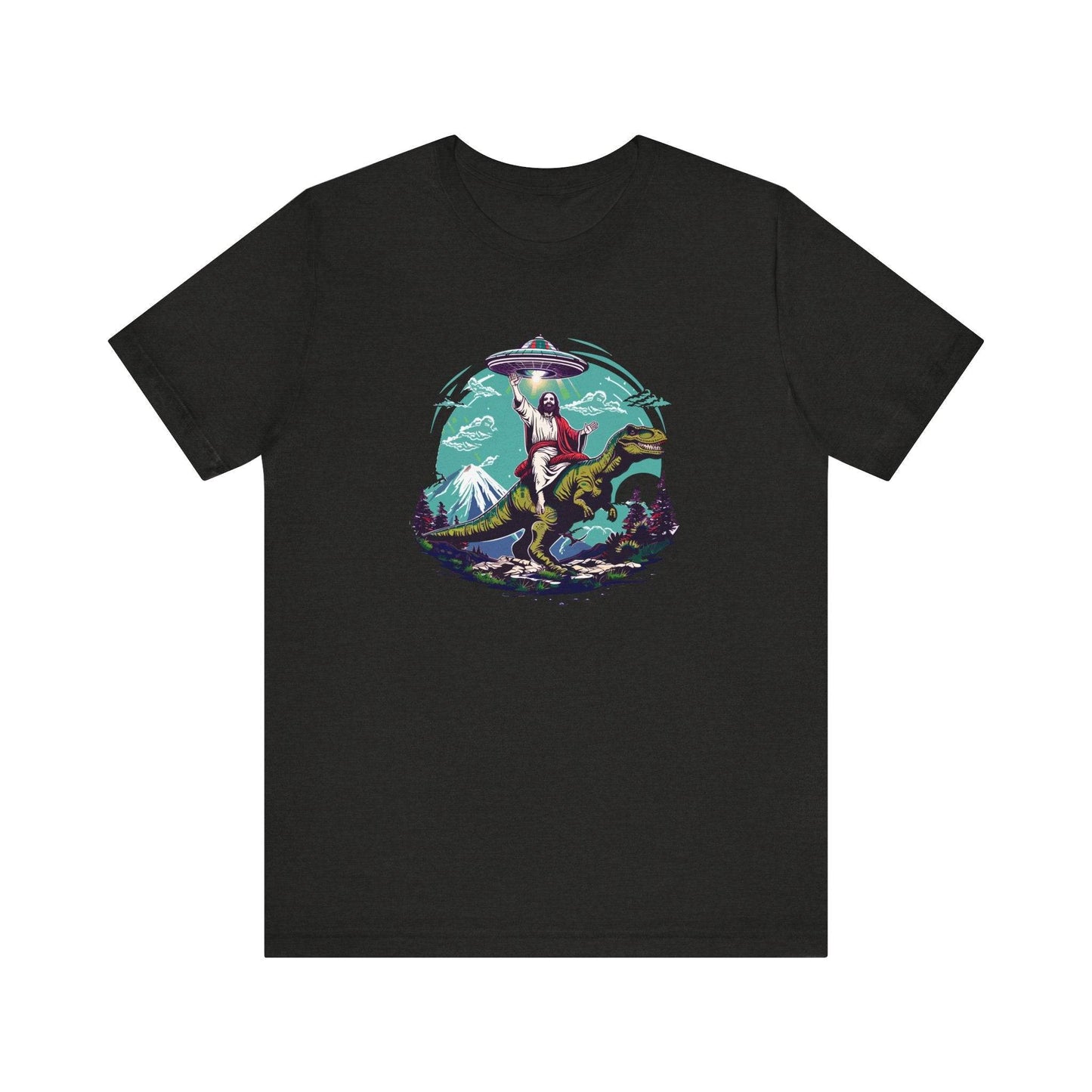 Jesus Riding a T - Rex Funny Sci - Fi T-Shirt - Dinosaur UFO Mashup Design - Goateez Style