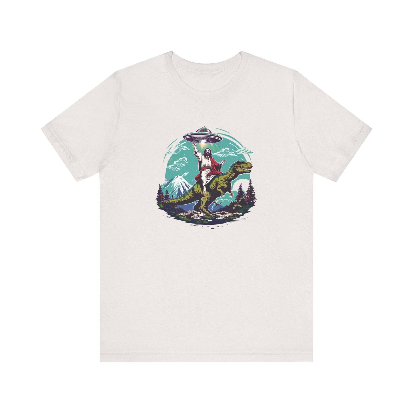 Jesus Riding a T - Rex Funny Sci - Fi T-Shirt - Dinosaur UFO Mashup Design - Goateez Style