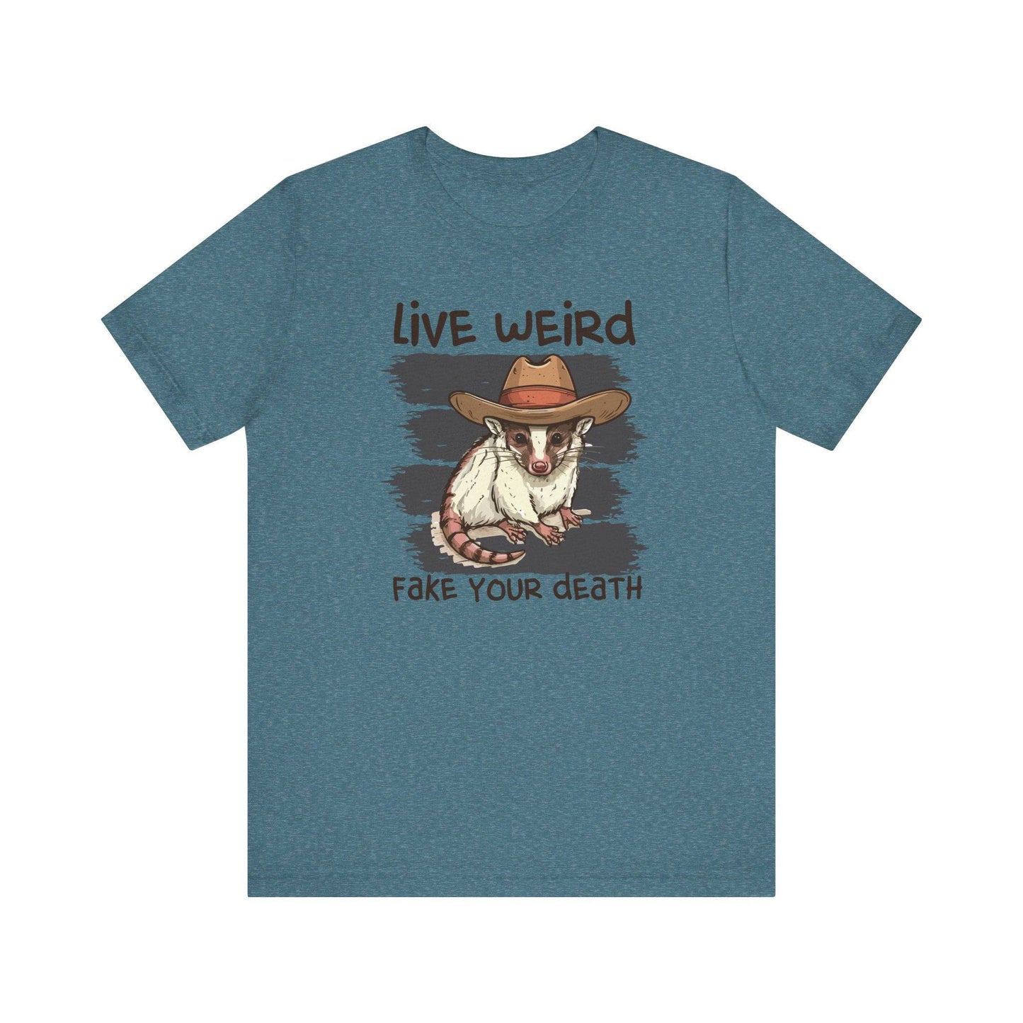 Live Weird Fake Your Death T-Shirt - Funny Opossum Cowboy Design - Goateez Style