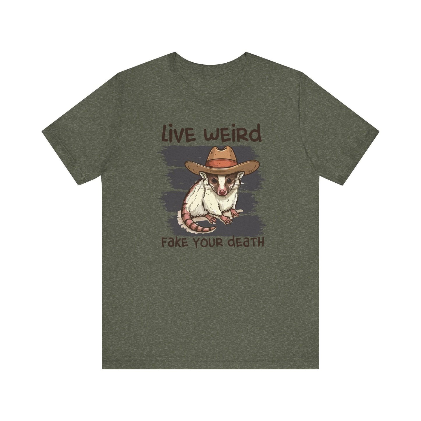 Live Weird Fake Your Death T-Shirt - Funny Opossum Cowboy Design - Goateez Style