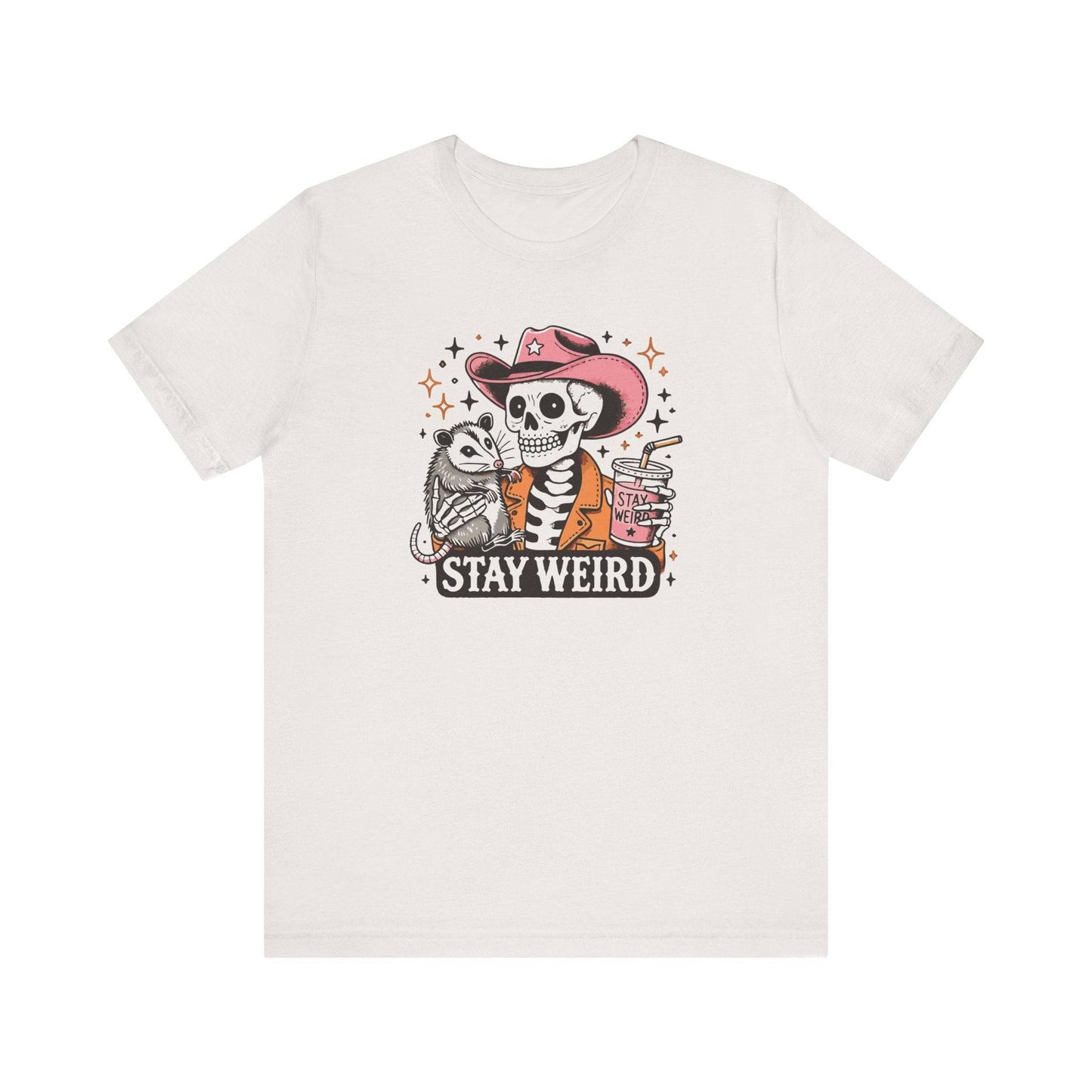 Stay Weird Skeleton Cowboy T-Shirt - Quirky Possum Graphic Tee - Goateez Style