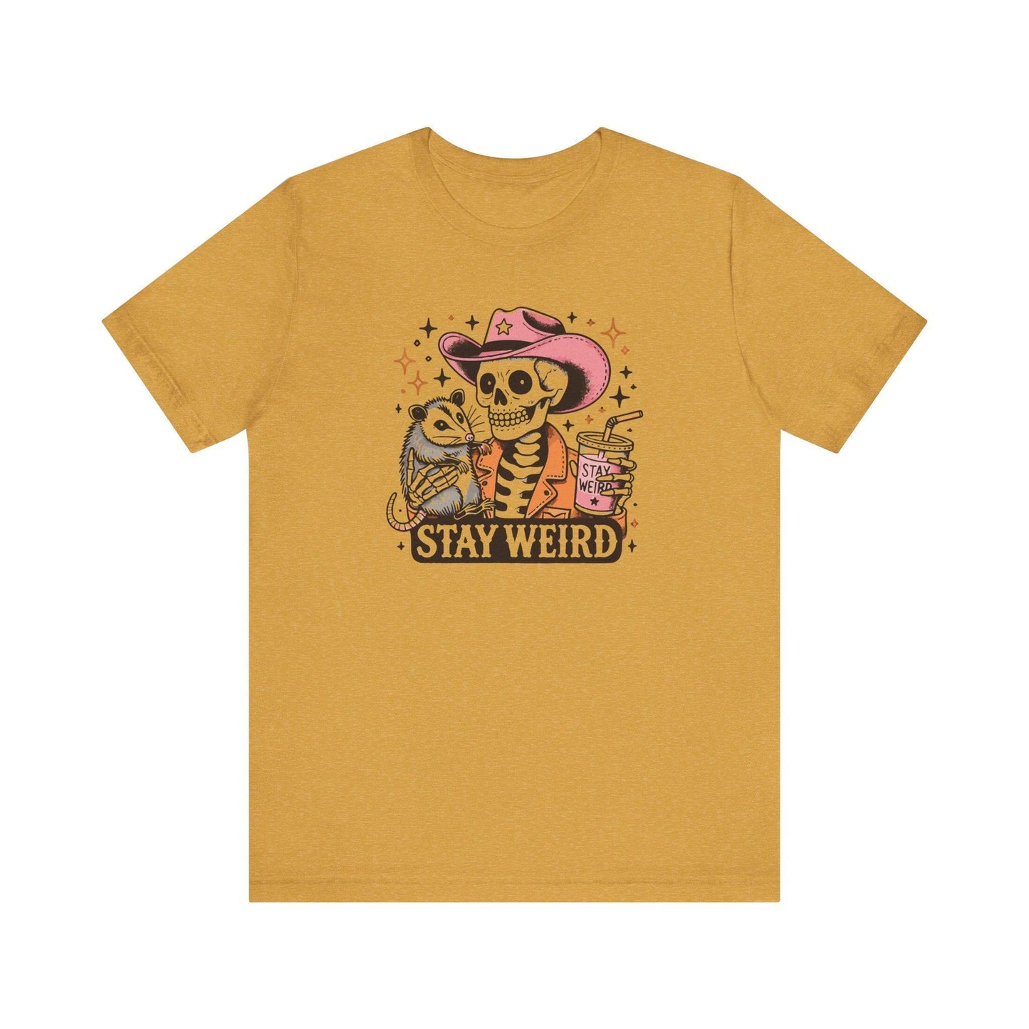 Stay Weird Skeleton Cowboy T-Shirt - Quirky Possum Graphic Tee - Goateez Style