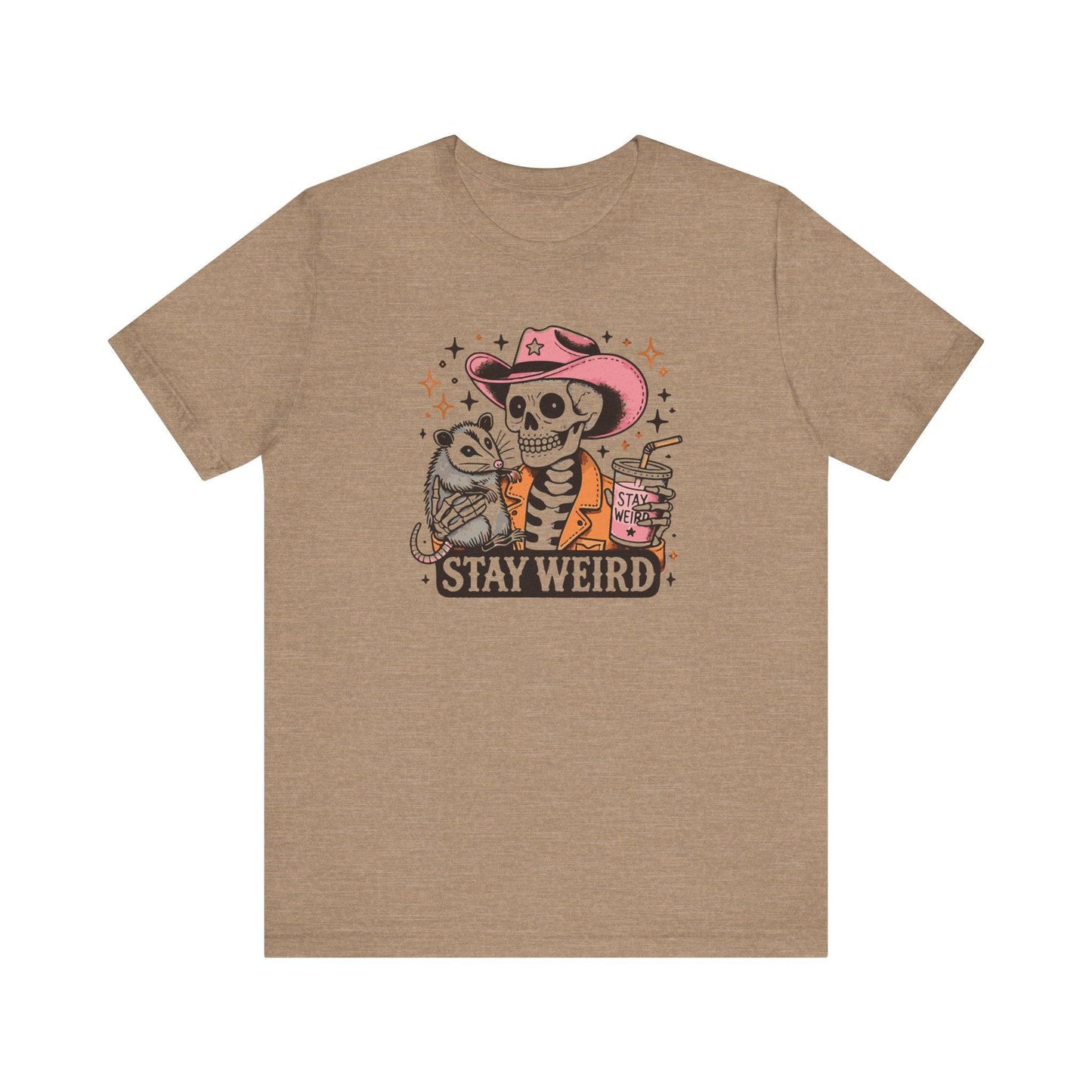 Stay Weird Skeleton Cowboy T-Shirt - Quirky Possum Graphic Tee - Goateez Style